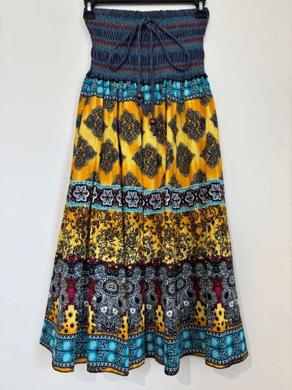 NEW Y2K boho cottage ethnic print smoked high rise pleated A-line Midi Skirt XS